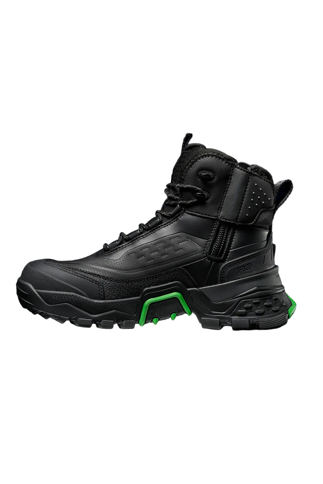 Black tactical boot with green accents on a black background