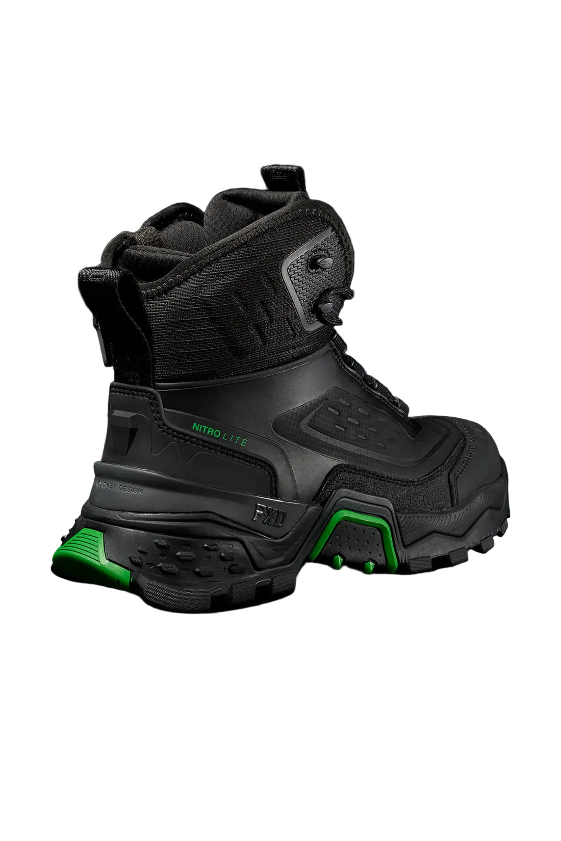 Black boot with green sole on a dark background