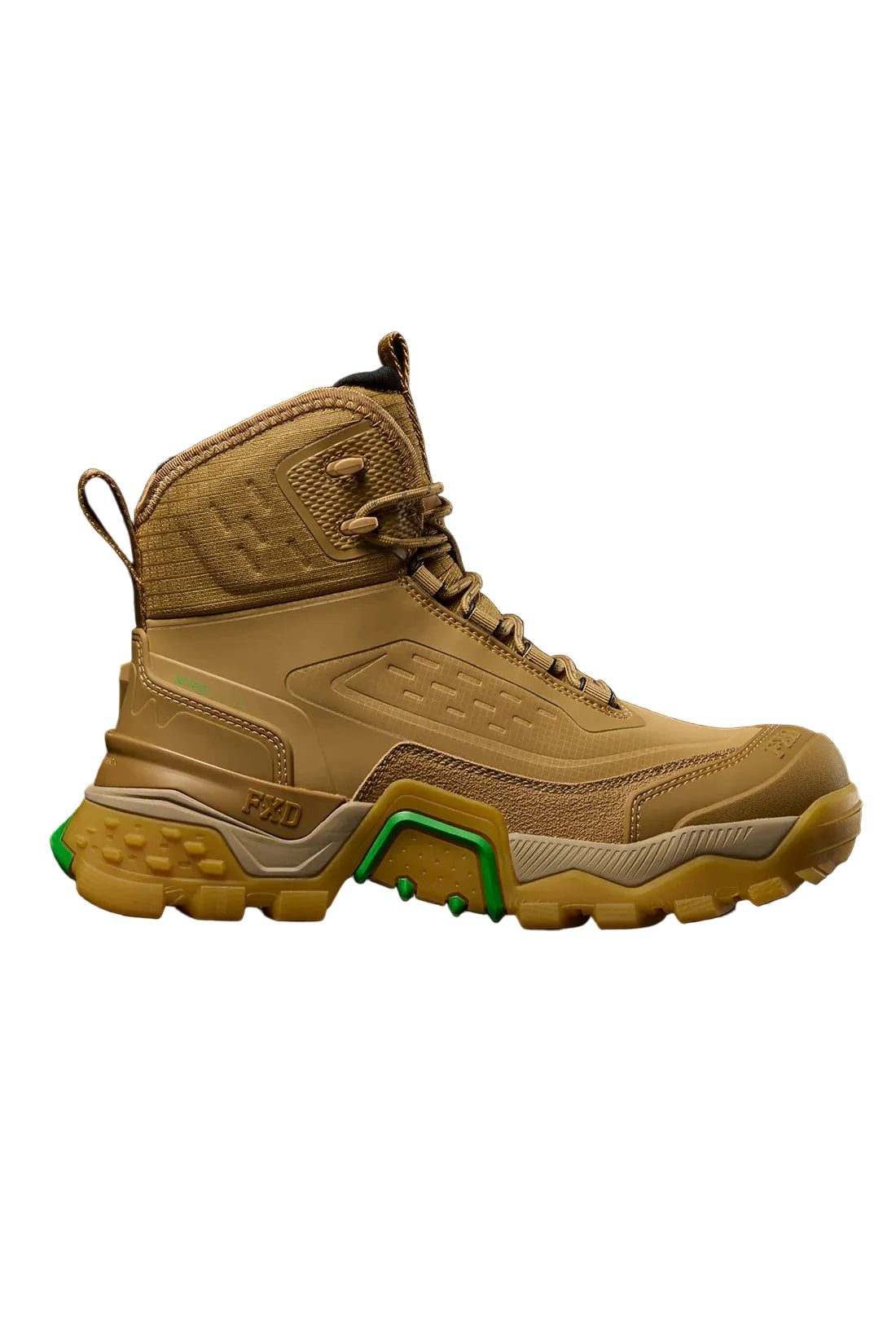 Tan tactical boot with green accents on a black background