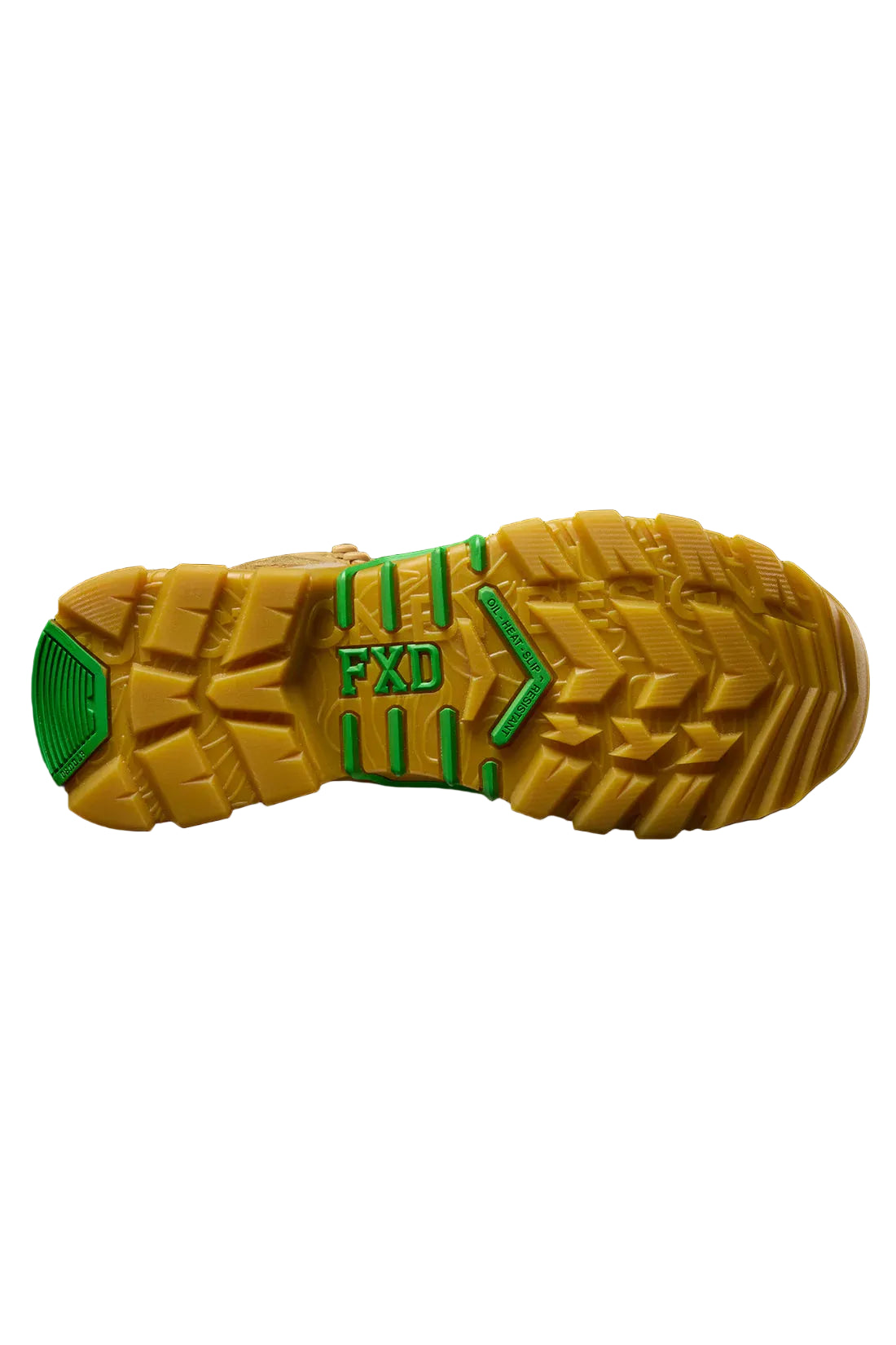 Close-up of a yellow shoe sole with green accents on a black background