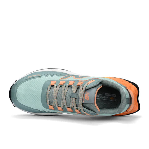 Gray and orange athletic shoe on a white background