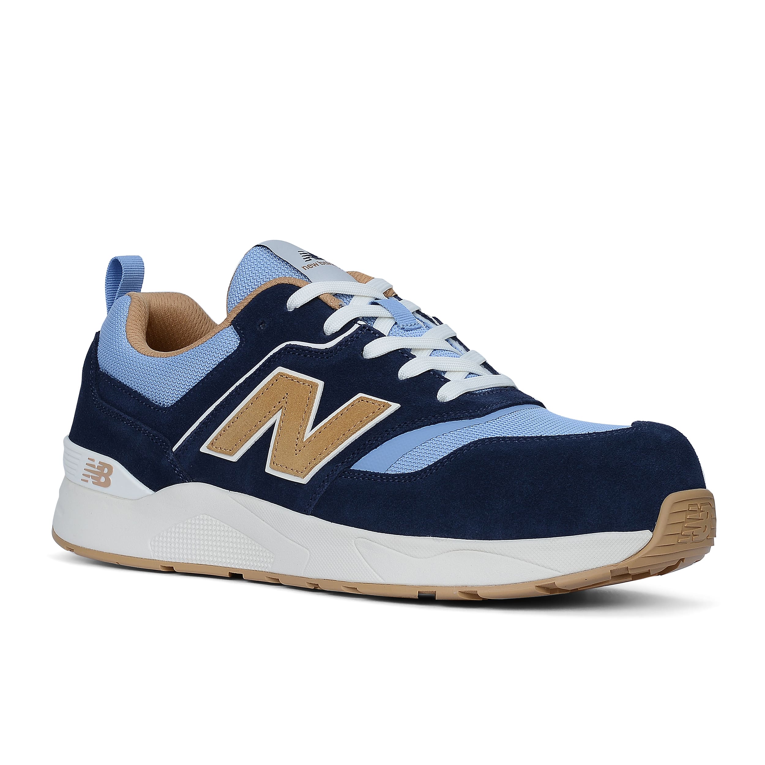 Navy and light blue sneaker with tan accents on a white background
