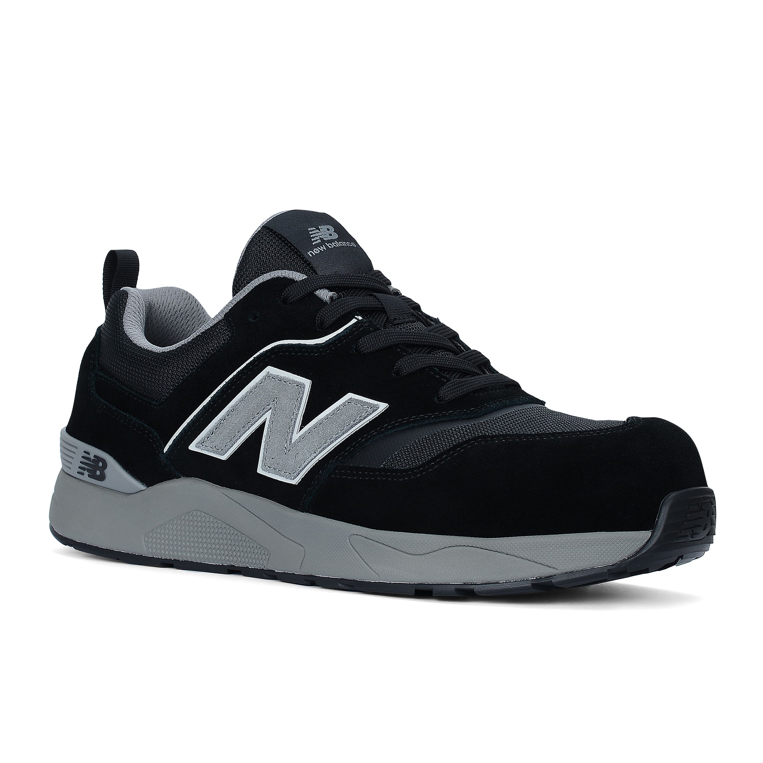 Black and gray sneaker with New Balance logo on a white background