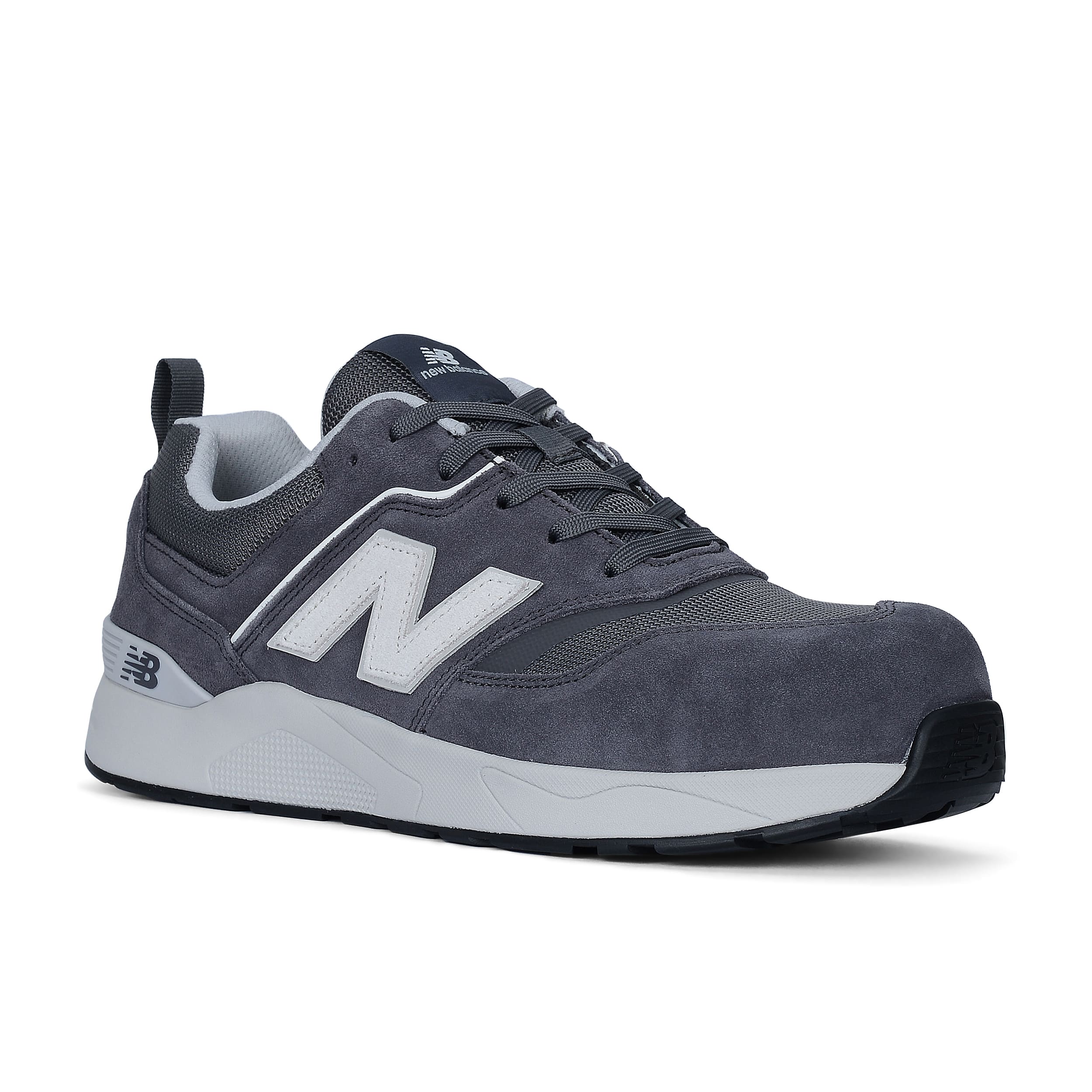 Gray sneaker with New Balance logo on a white background
