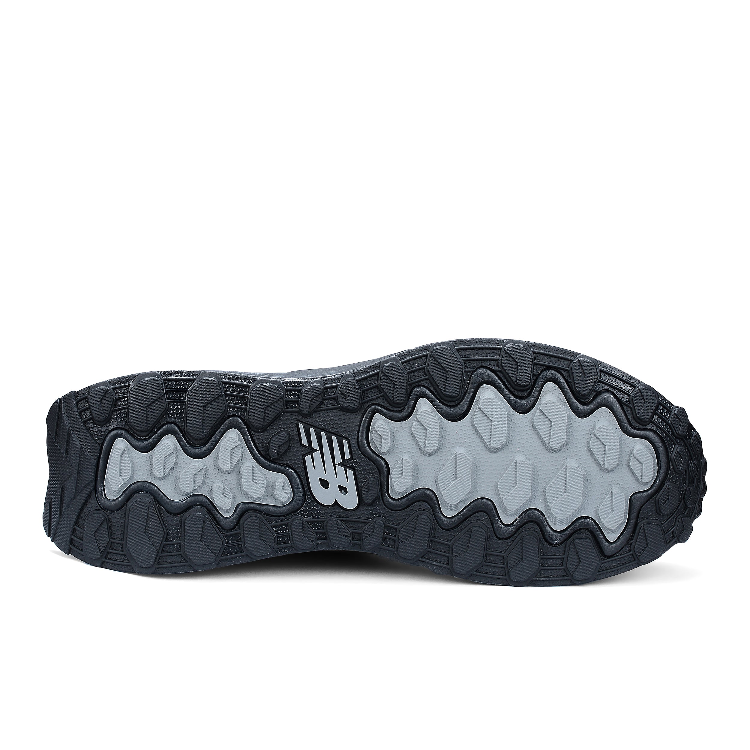 Black and gray sole of a shoe with brand logo on a white background