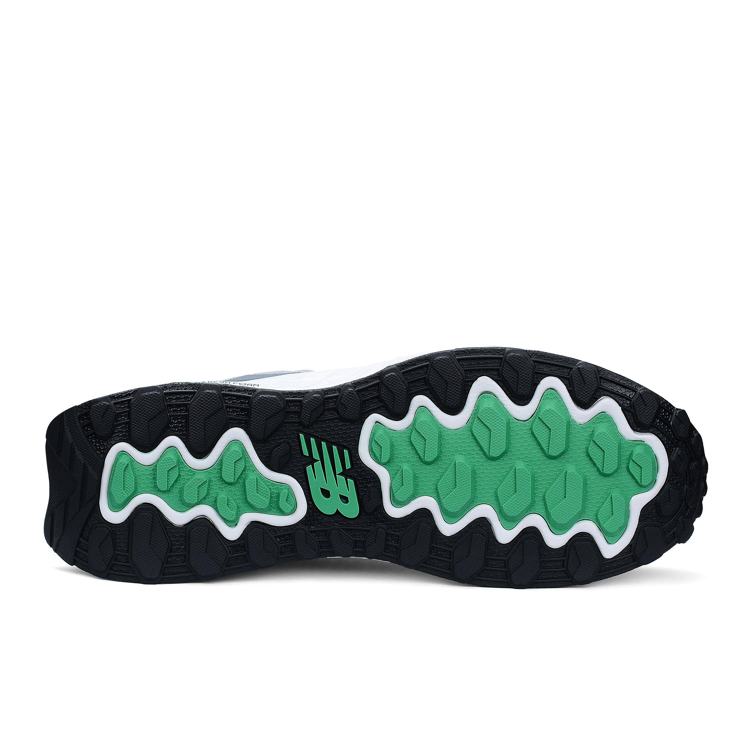 Sole of a black sneaker with green patterns on a white background