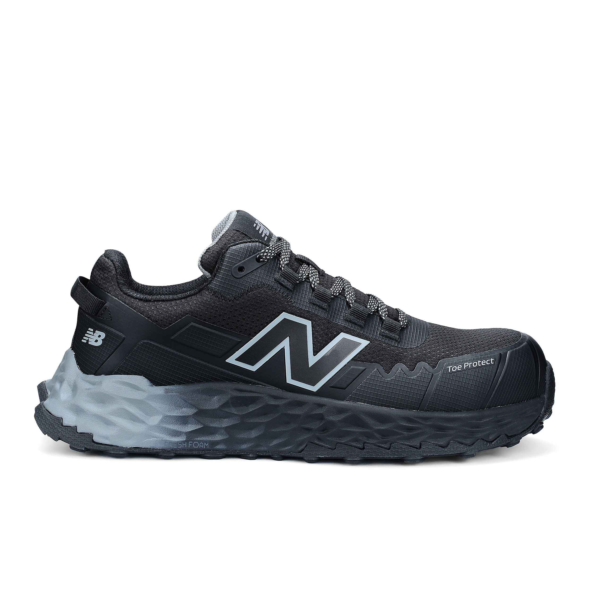 Black running shoe with New Balance logo on a white background