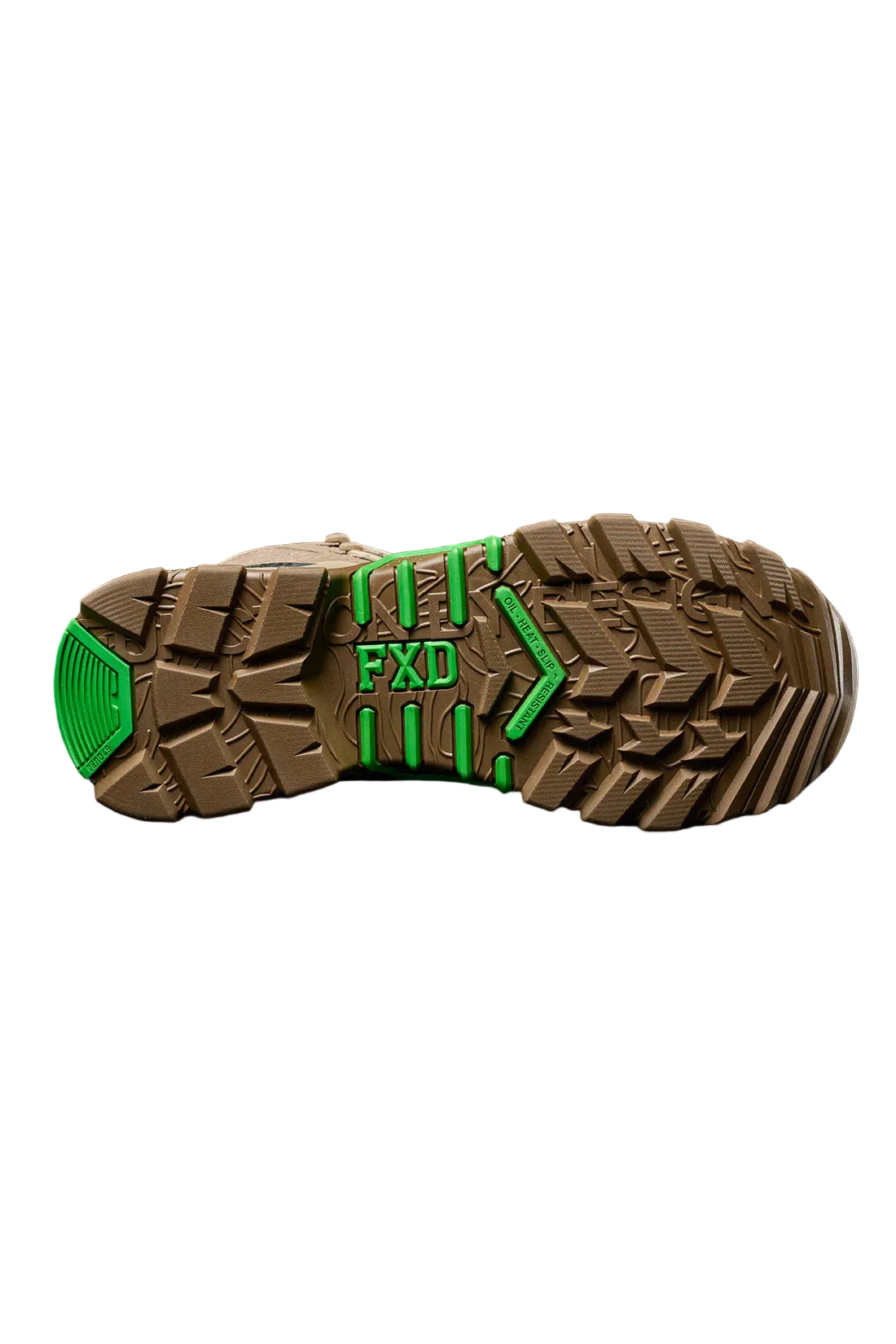 Brown hiking boot sole with green FXD branding on a black background