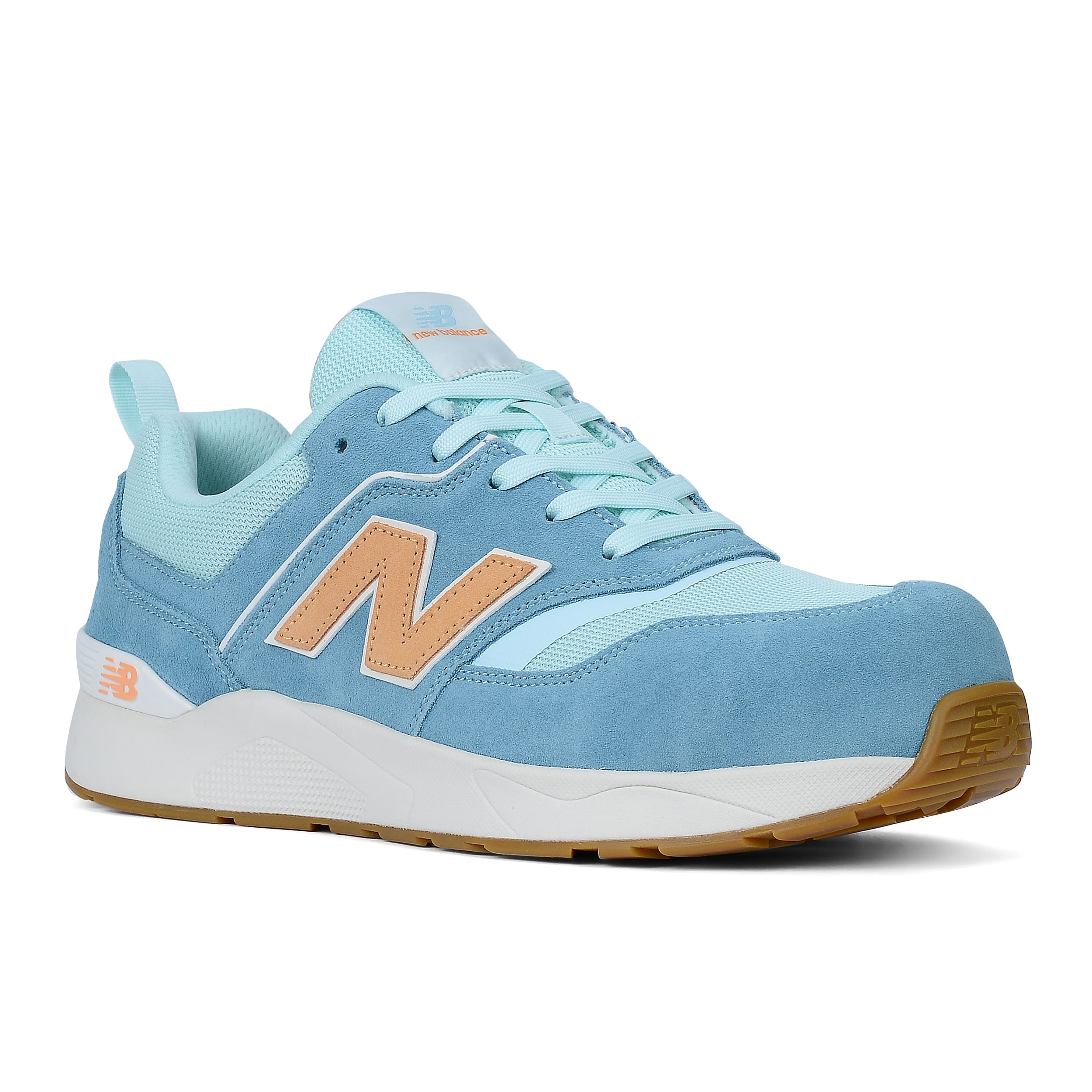 Blue sneaker with a brown 'N' logo on a white background