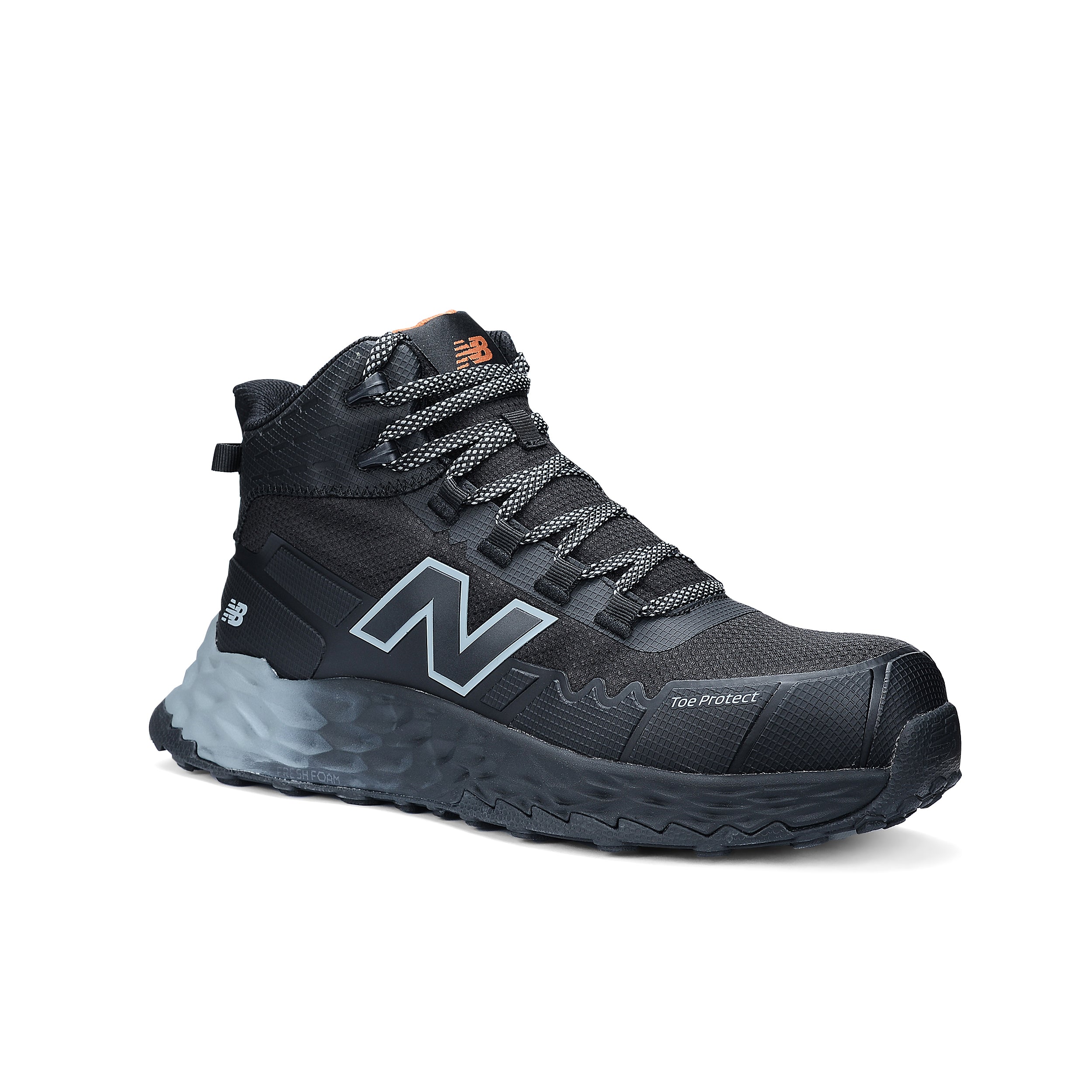 Black hiking boot with New Balance logo on a white background