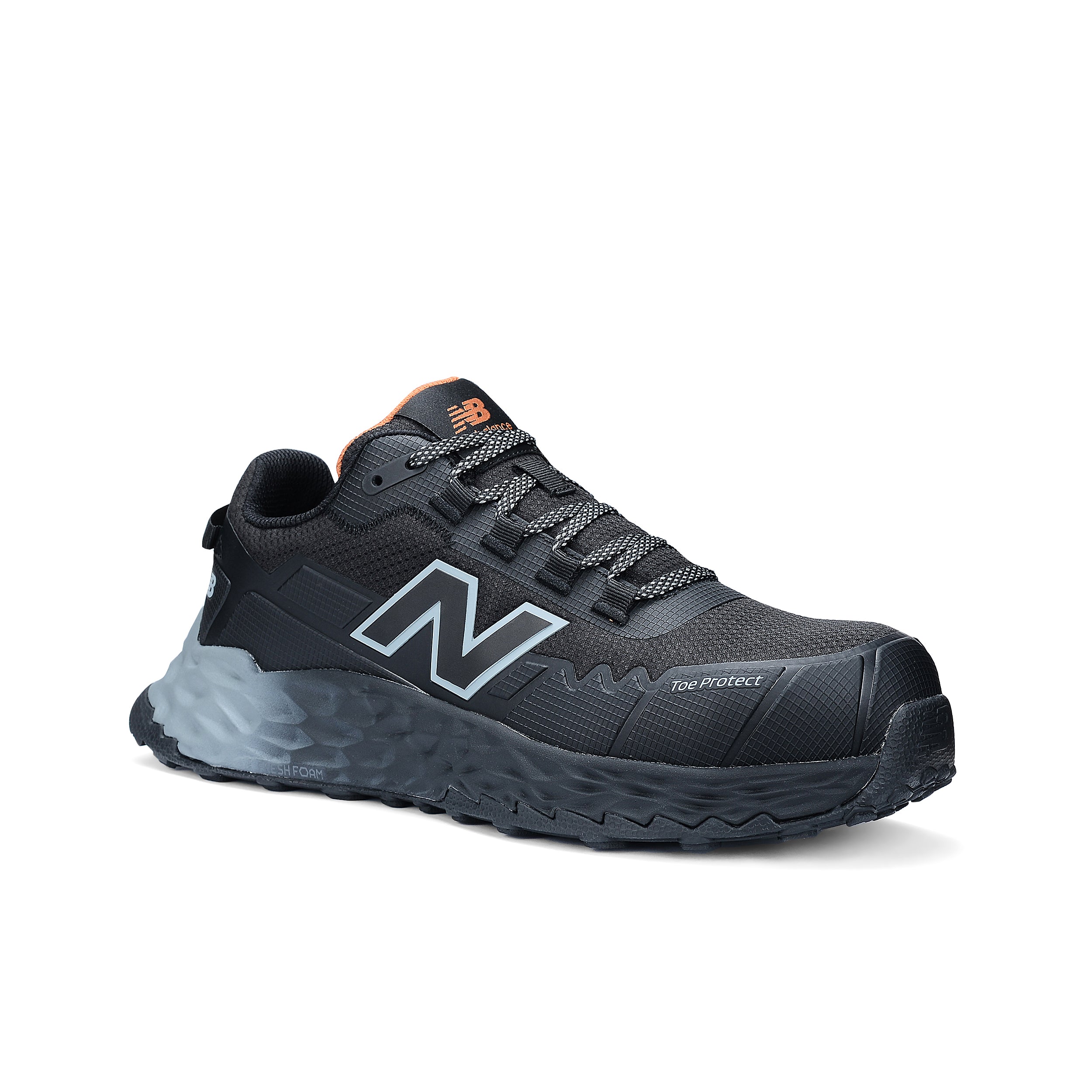 Black running shoe with New Balance logo on a white background