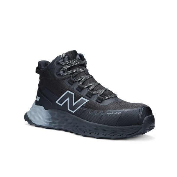 Black hiking boot with New Balance logo on a white background